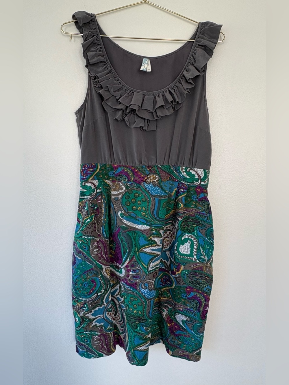 Maeve Anthropologie Paisley Ruffle Pocket Dress Gray Size 10